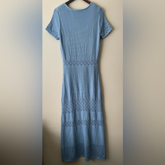 Absolutely Famous Light Blue Short Sleeve Knit Crochet Maxi Bodycon Dress - Picture 8 of 10